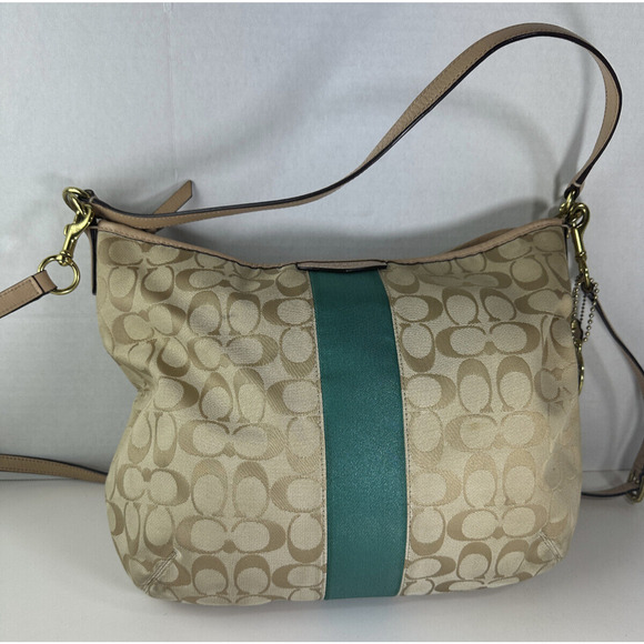 COACH Convertible Hobo Shoulder Bag Crossbody Tan Green Stripe Purse F29941 - Picture 2 of 16